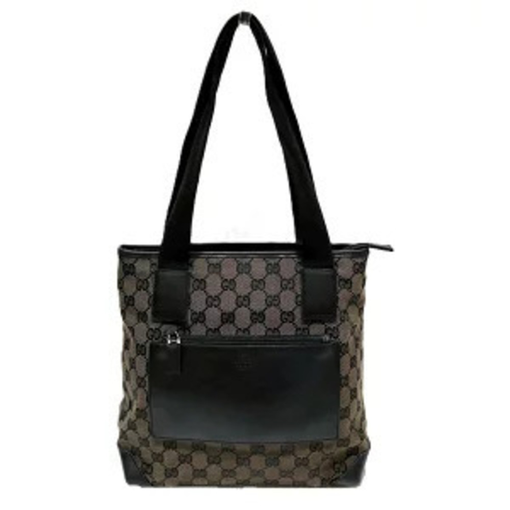 Gucci GG monogram canvas tote bag black leather zip pocket shoulder